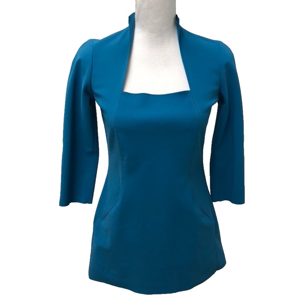 M2057 Maria Pinto Blouse Top Womens Small Blue 3/4 Sleeve Old Money Career